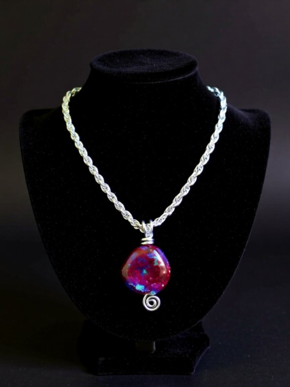 Burgundy Mauve & Aqua Pendant with thick Rope Chain - Boho Eclectic Festival